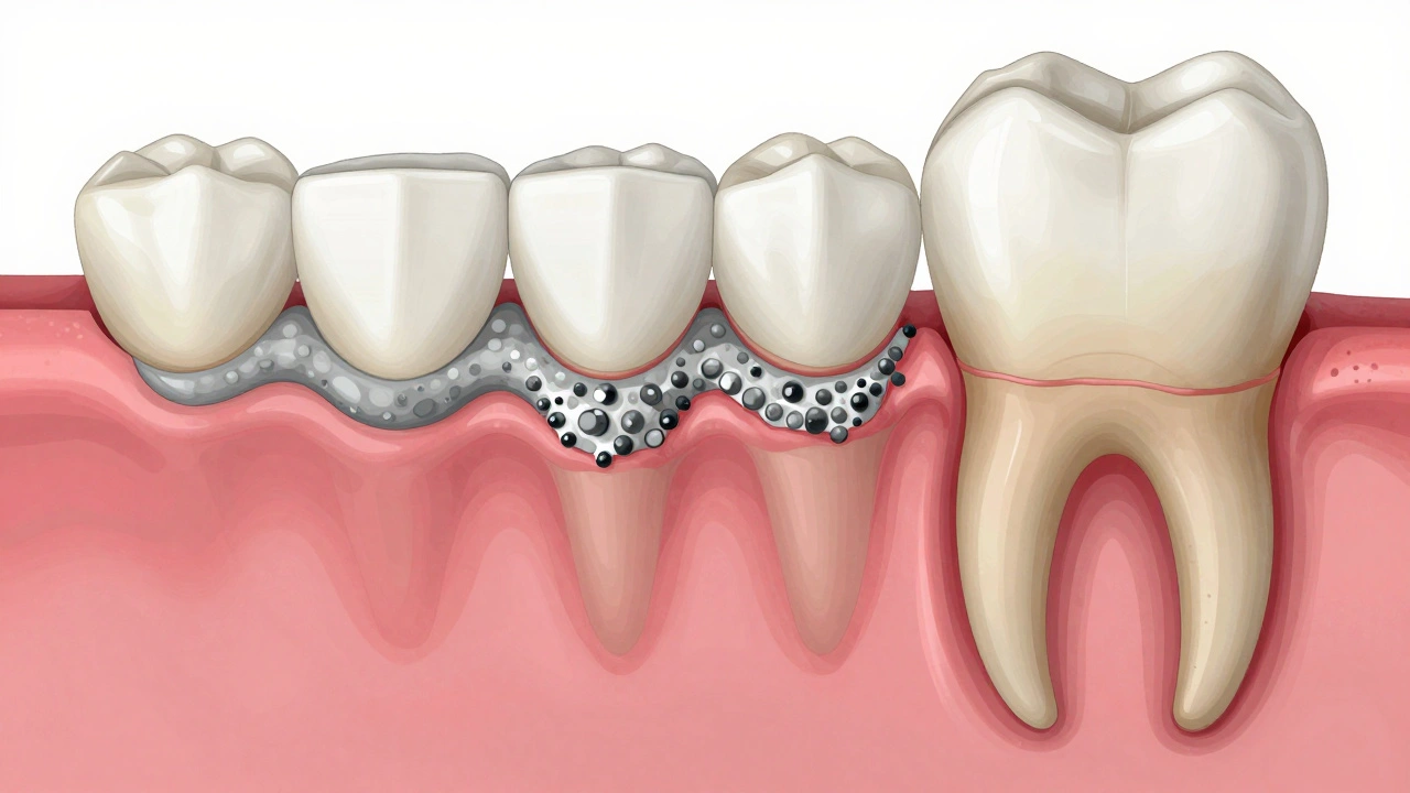 Vývoj zubního kamene od plaku až po ztrátu kosti kolem zubu