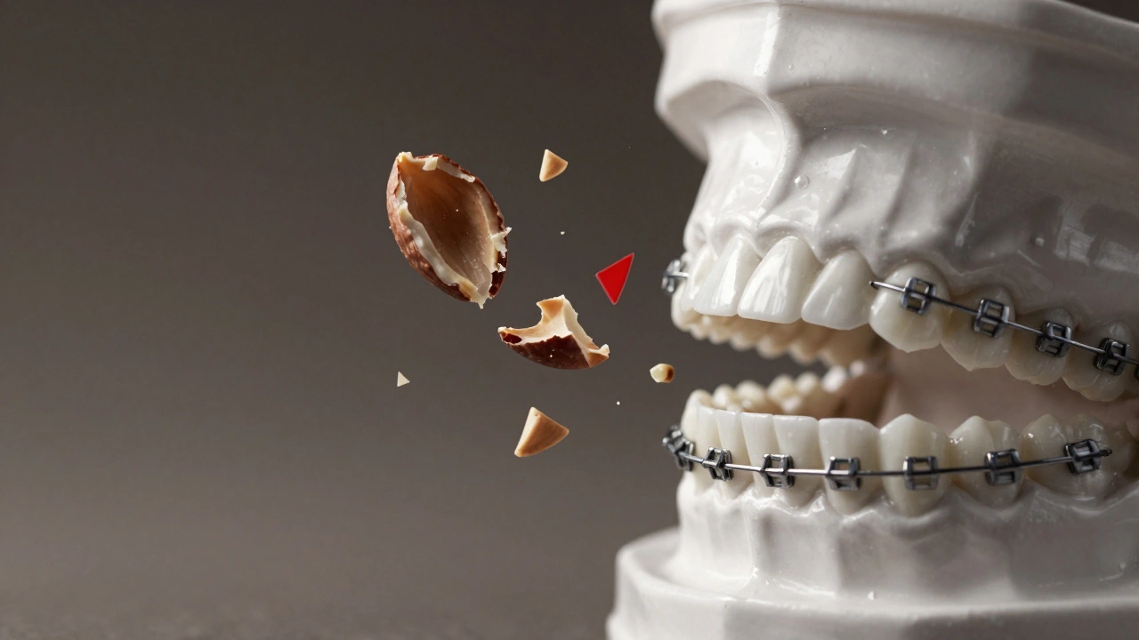 Zlomený keramický prvek rovnátek v letu, srovnávaný s kovovými rovnátky.