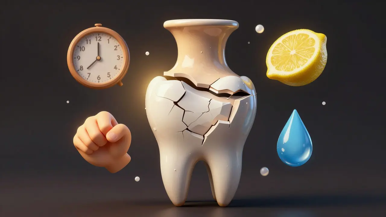 Zub se mění v křehkou keramiku, kolem něj symboly příčin poškození a ochrany.