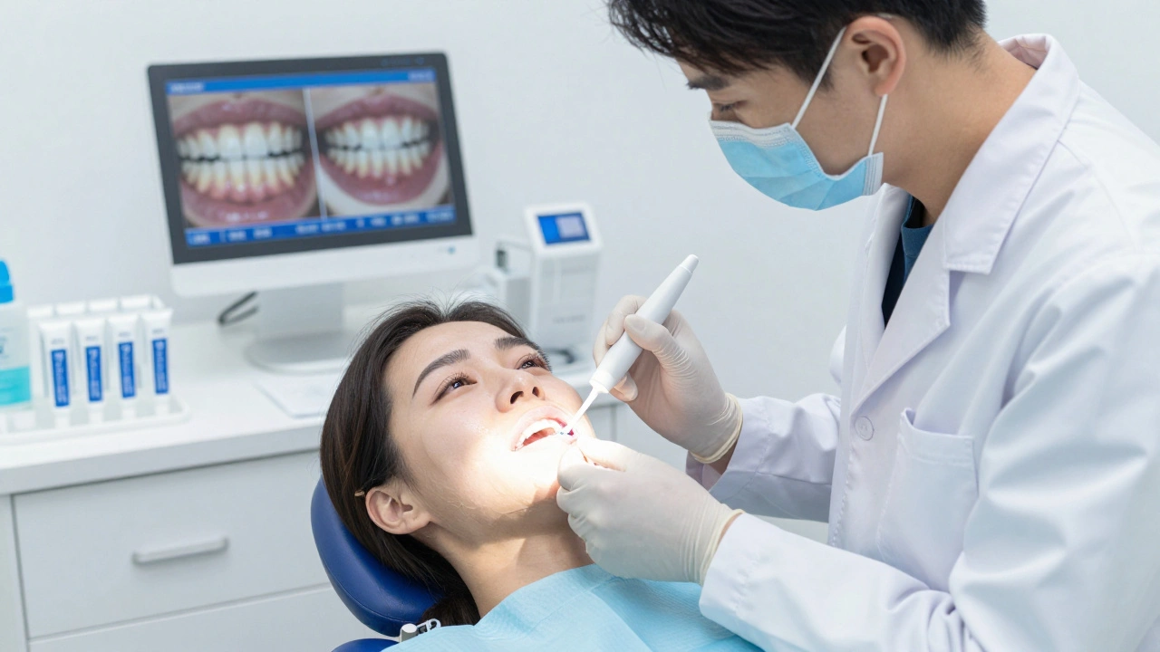 Zubní lékař aplikuje vybělovací gel na zuby pacienta s ochranným štítem na dásní.