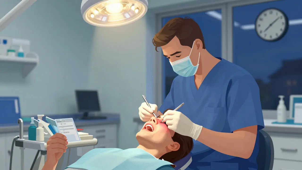 Zubní lékař léčí pacienta s otokem tváře v noční zubní pohotovosti v Praze.