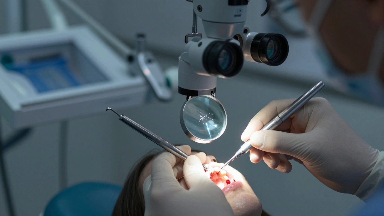 Zubní lékař prohlíží zub mikroskopem s viditelnou mikrotrhlinou
