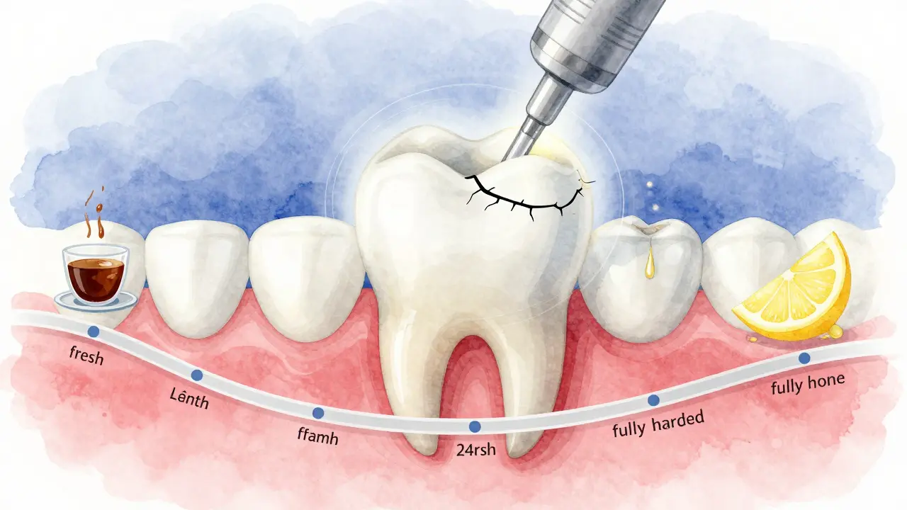 Bílá plomba v zubu s příznaky poškození od horkého a kyselého jídla.