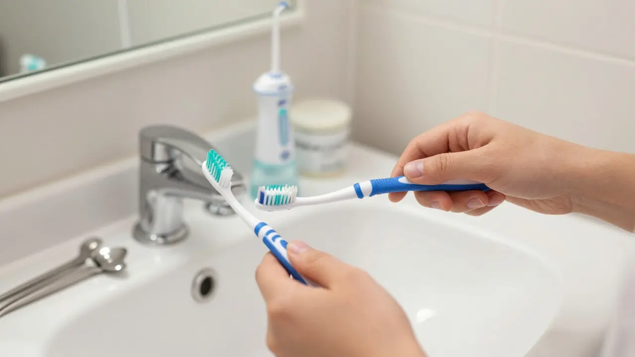 Čistění zubů s fixními rovnátky pomocí ortodontického kartáčku a vodního flossu.