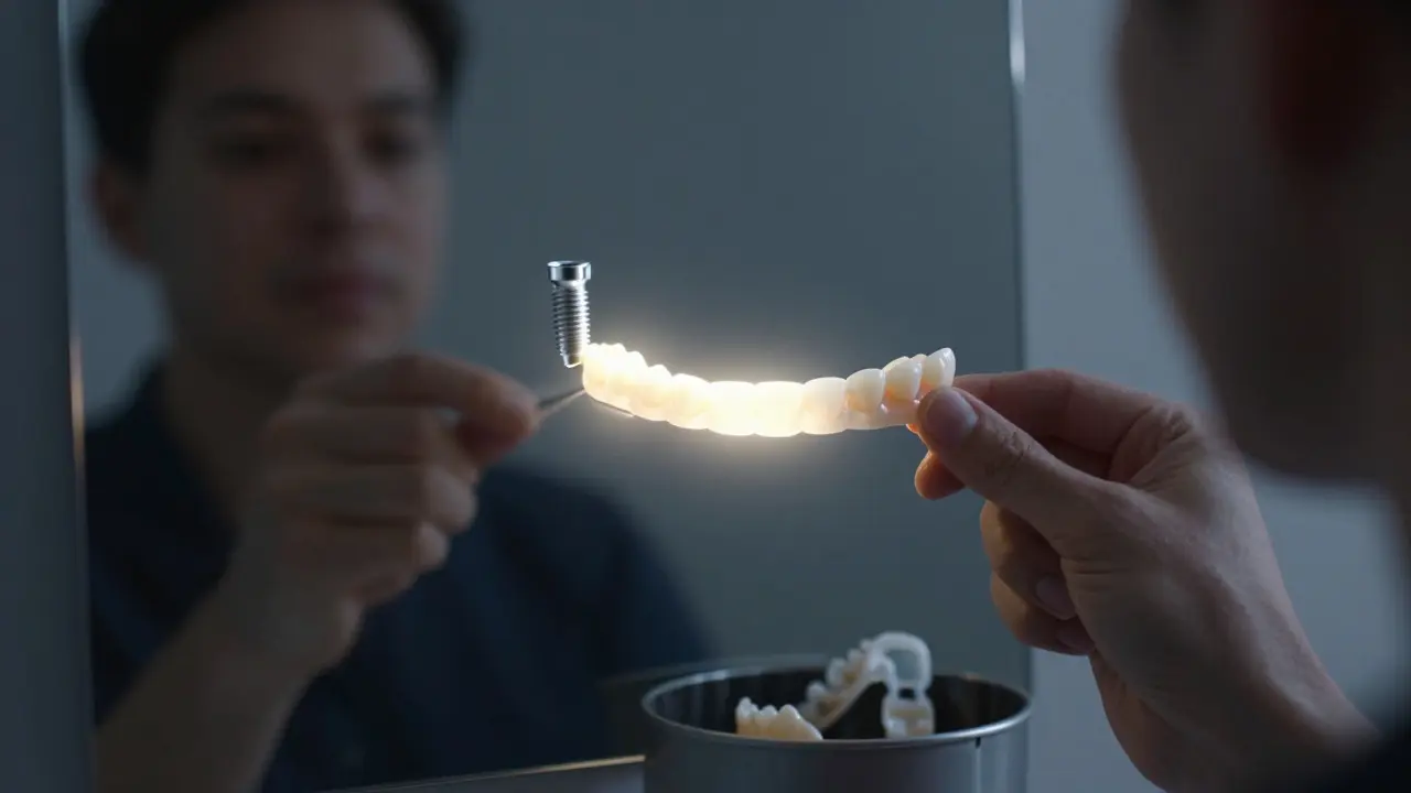 Člověk před zrcadlem s dočasnými zuby a zářící cestou k implantátu v pozadí.