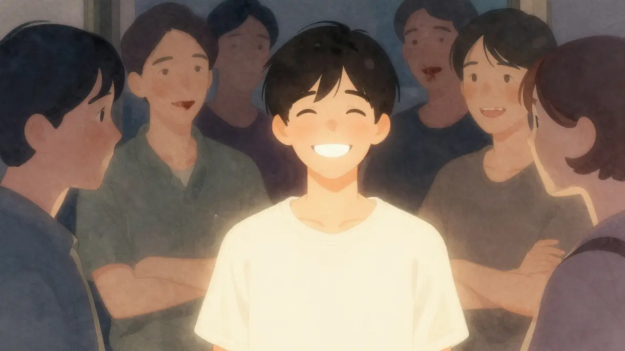 Člověk se směje ve společnosti, jeho bílé zuby vynikají proti tmavším zubům ostatních.