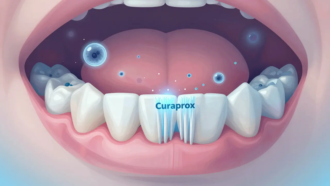 Cross-section of mouth showing delicate bristles removing plaque between teeth without harming gums.