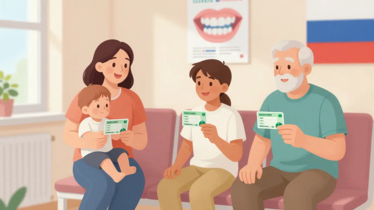 Čtyřčlenná rodina čeká v zubní ordinaci na preventivní prohlídky, v rukách drží zdravotní pojišťovací karty, klidná a přívětivá atmosféra.