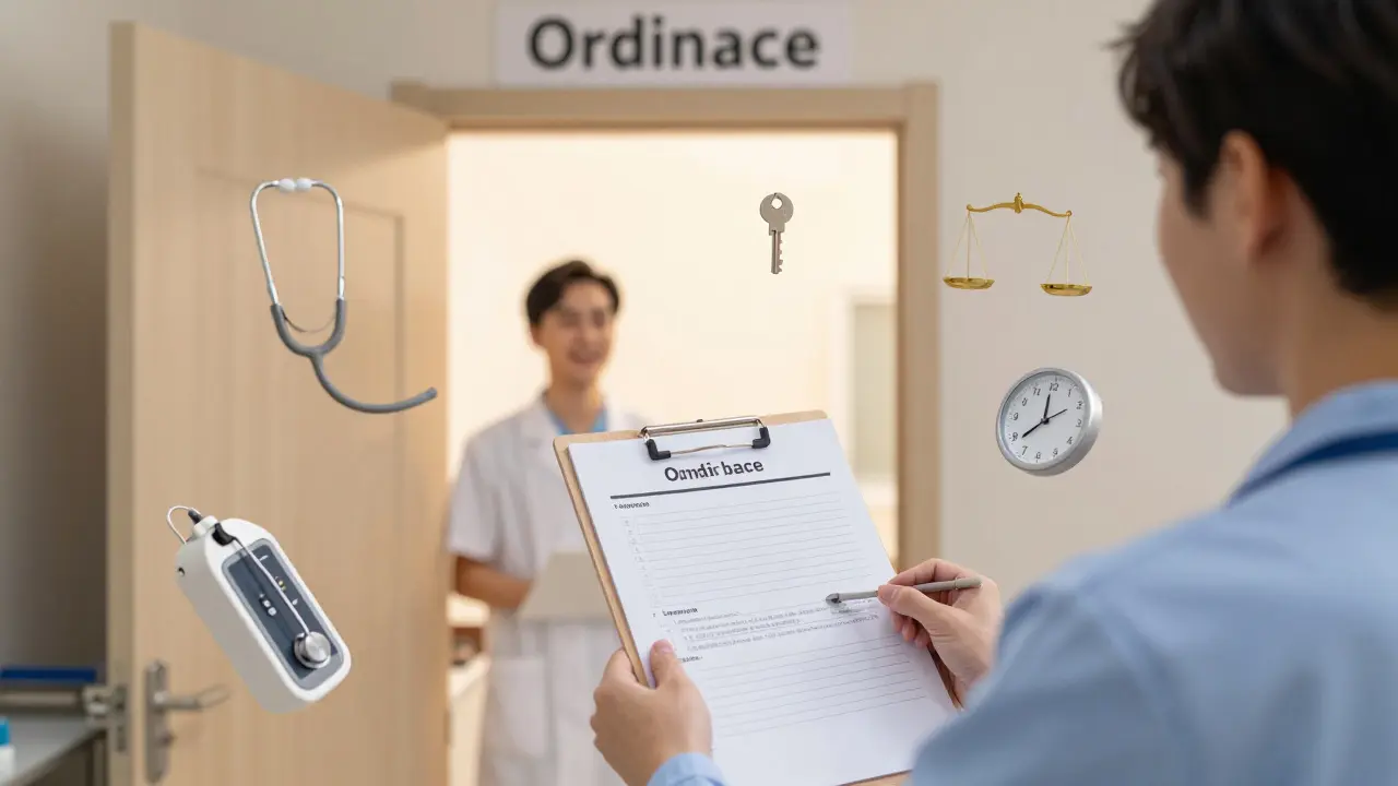 Dentist at threshold of clinic holding key and checklist, symbolizing legal and professional readiness.