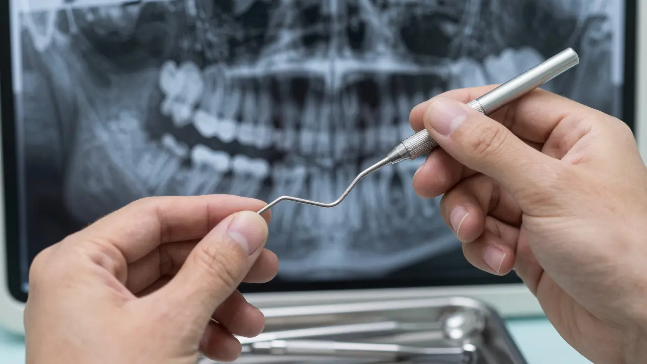 Dentista měří hloubku parodontální kapsy zubní sondou.