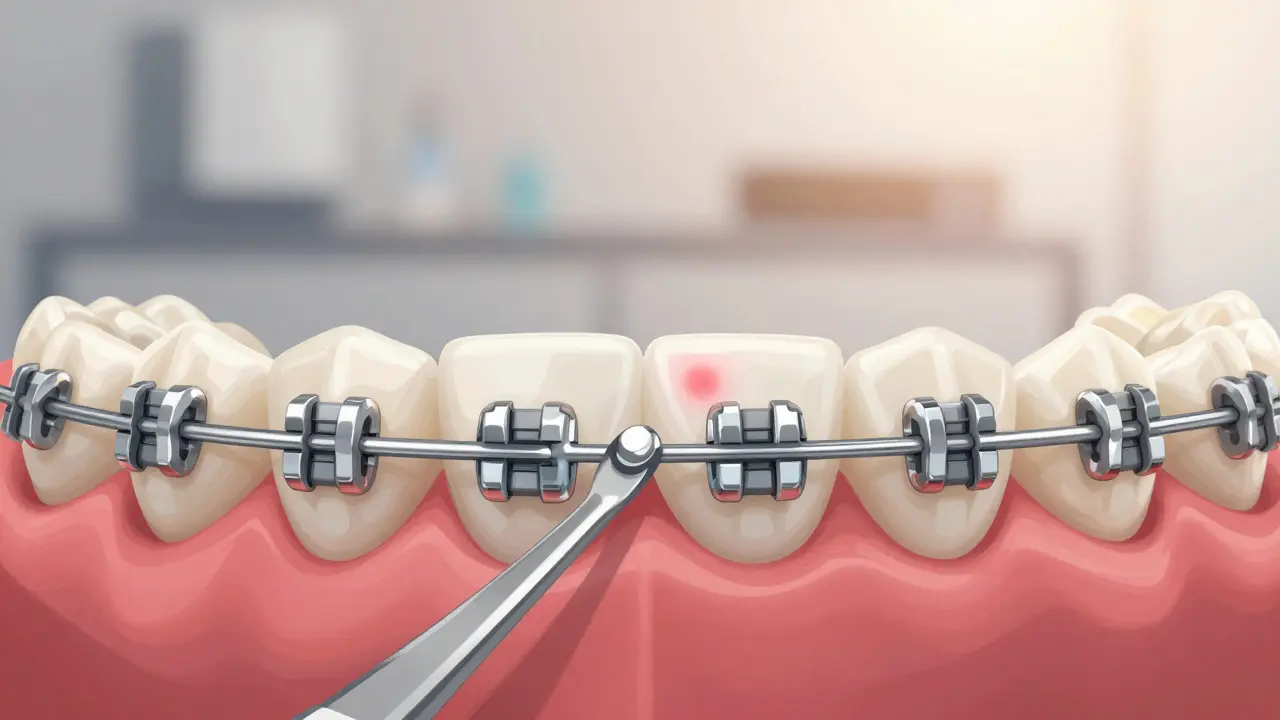 Detailní záběr štětce čistícího pod gumičkou na rovnátkách, drát je hladký a čistý.