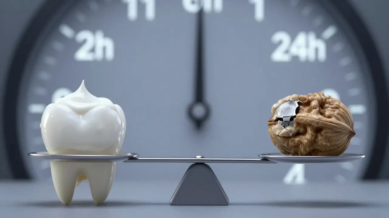 Dva zuby: jeden s novou plombou, druhý poškozený, s potravinami na váhách.