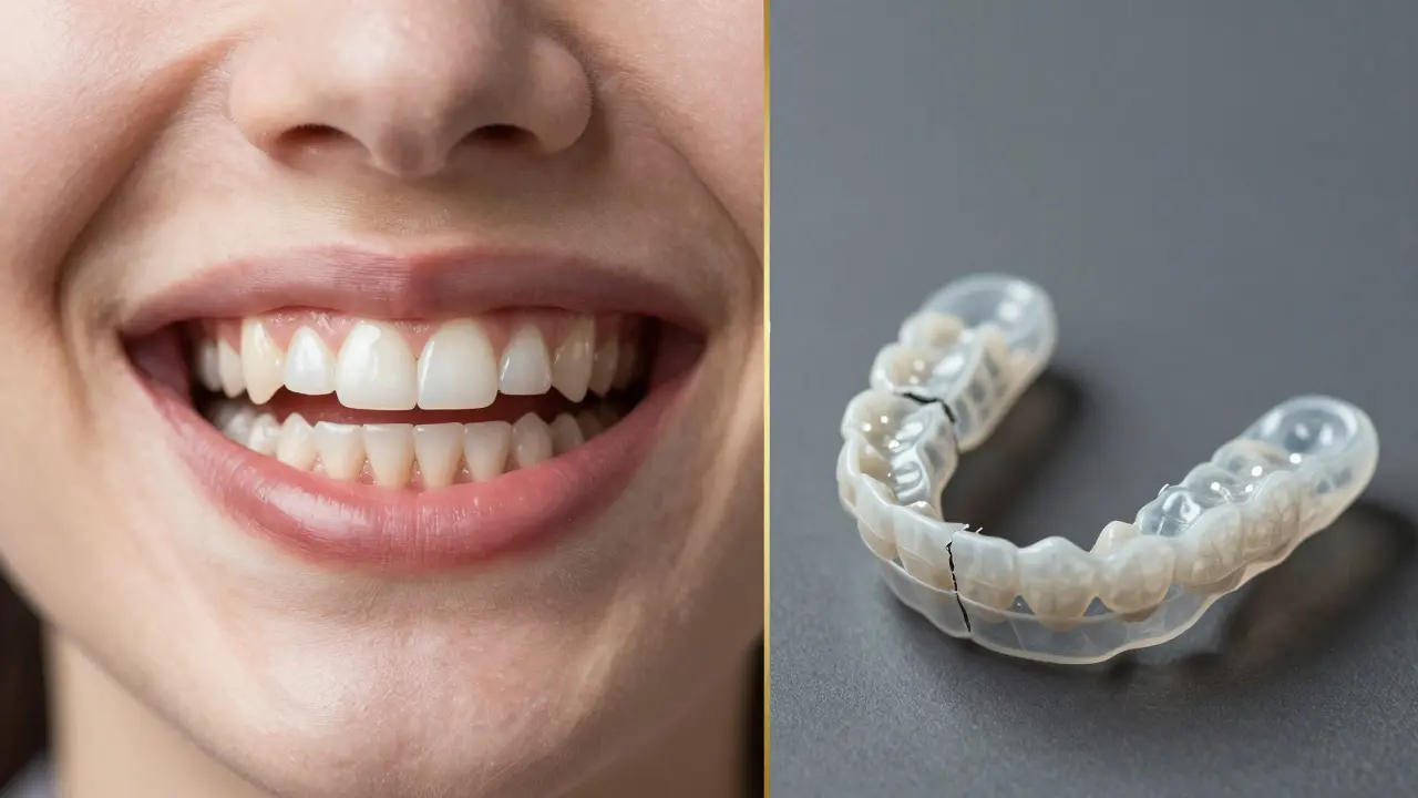Dvě části: dokonalý úsměv s retainerem napravo a zkreslené zuby s poškozeným retainerem nalevo.