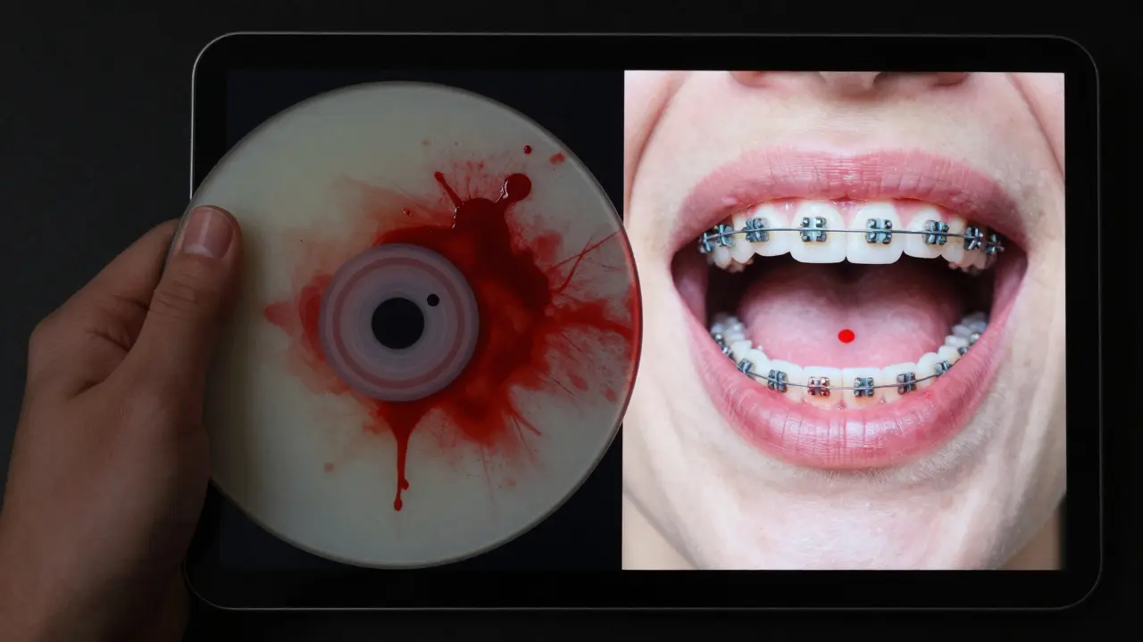 Dvoučástný obrázek: červené skvrny na zubech před čištěním a téměř čisté zuby po čištění.