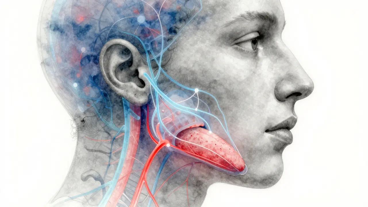 Ilustrace lidského obličeje s přehledem blokovaných nervových cest kolem čelisti a jazyka.