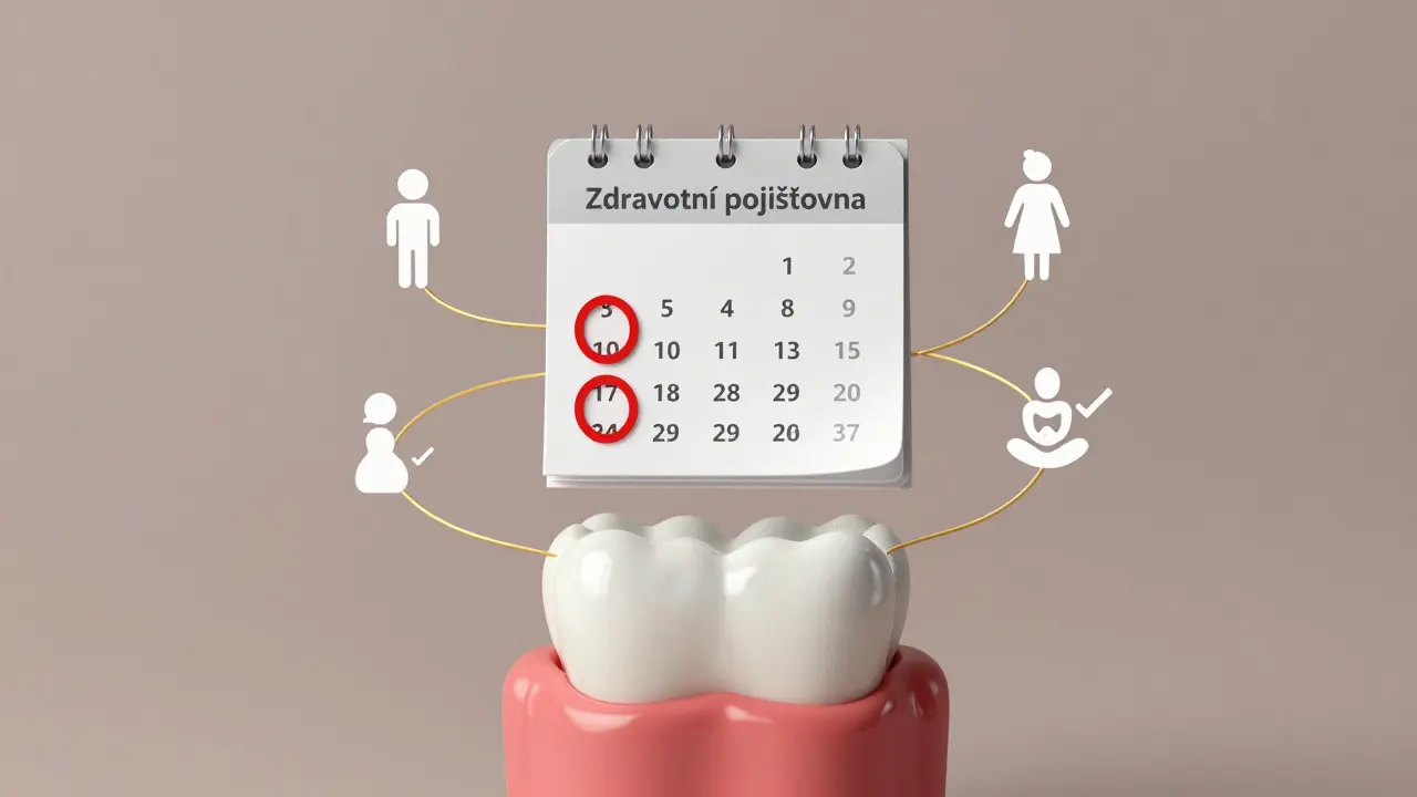 Kalendář s dvěma označenými měsíci, symbolizující dvě roční preventivní prohlídky, s ikonami dětí, těhotné ženy a pacienta s chronickou nemocí.