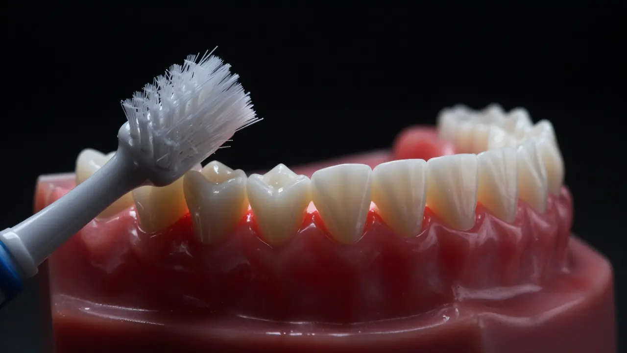 Kartáček Curaprox s krátkými štětinami přizpůsobenými tvaru zubního oblouku, čistící bez poškozování dásní.