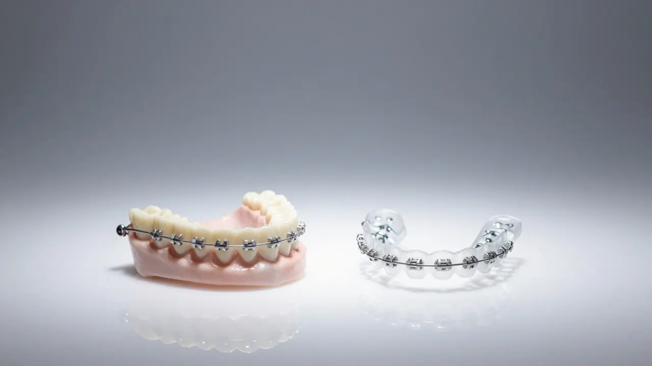 Keramická rovnátka a nosítko leží na bílé ploše s výstupem zubů ve tvaru úsměvu.