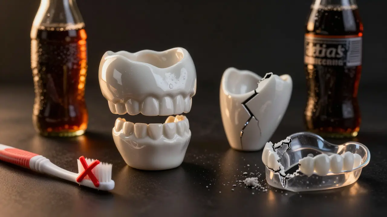 Keramické fazety: jedna lesklá a celistvá, druhá poškozená abrazivní pastou, třetí poškozená bruxismem.