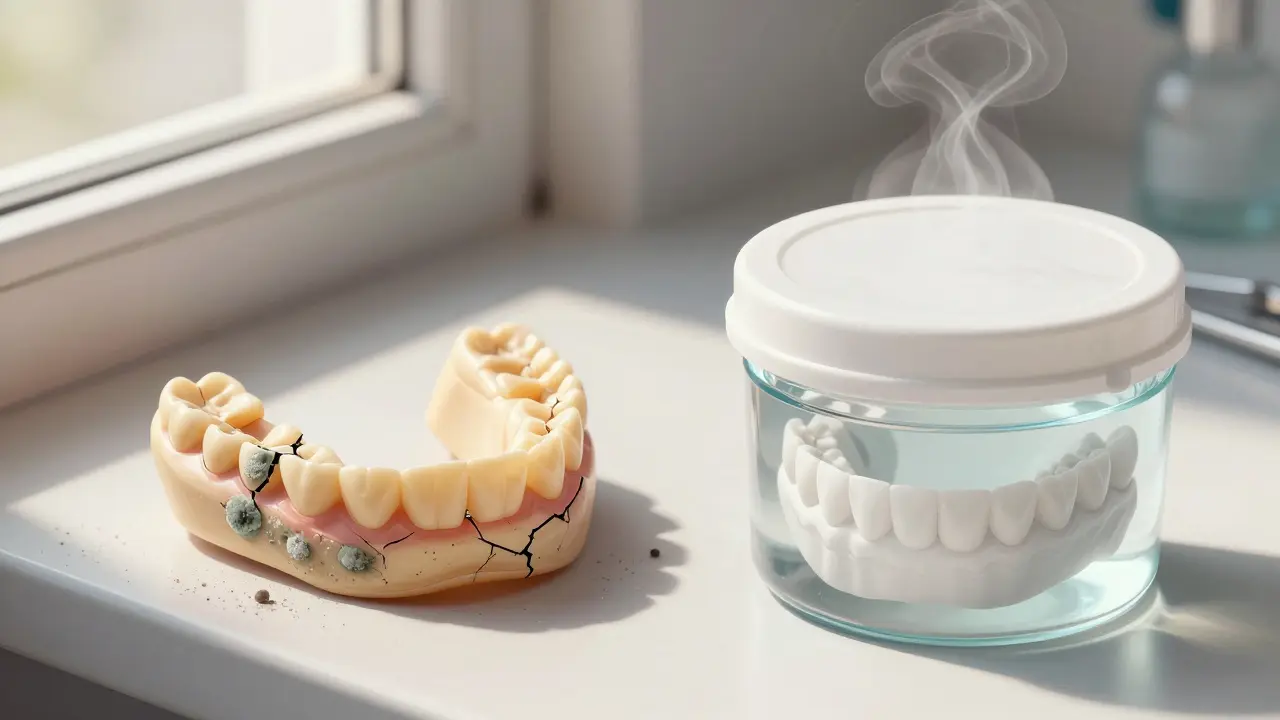 Kontrast mezi poškozenou suchou protézou na okně a čistou uloženou v nádobě.