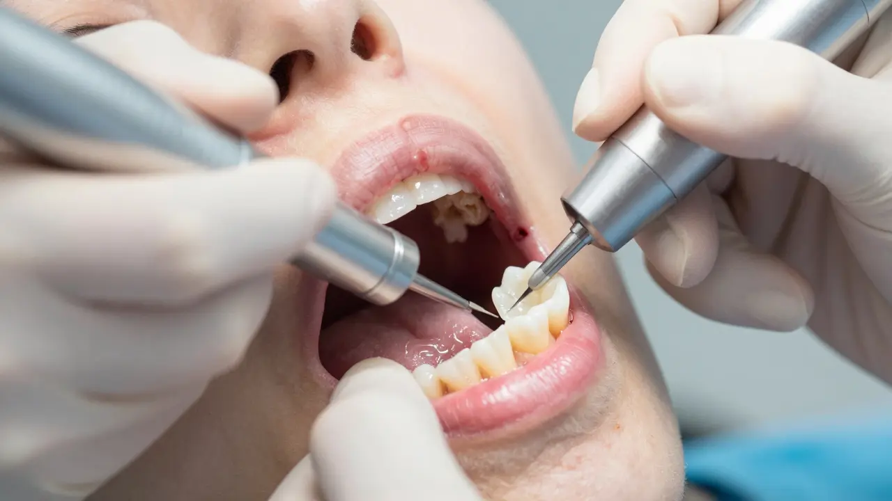 Lékař odstraňuje kaz z mezizubního prostoru pomocí jemného vrtáku.