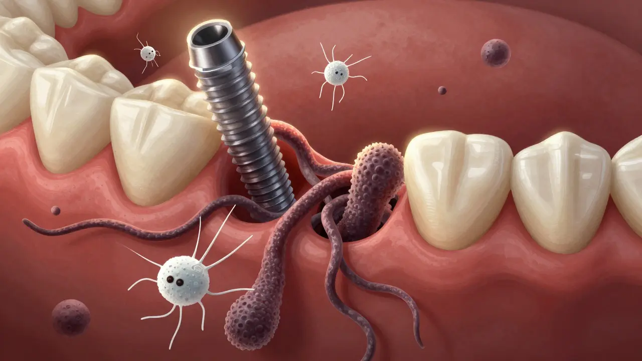 Mikroskopický pohled na bakterie kolem zubního implantátu a zdravou dásňovou tkáň.