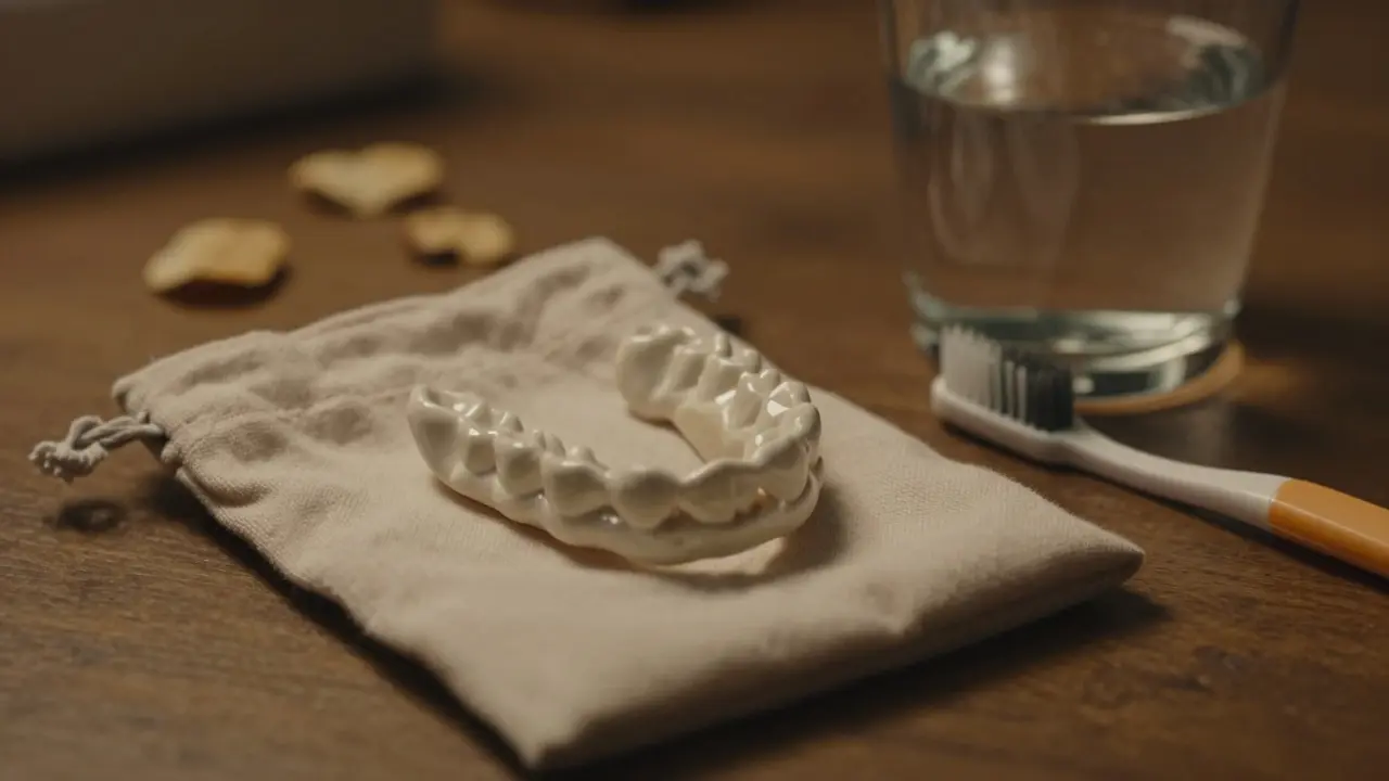 Odtržená keramická část rovnátka leží na měkkém pytlíku vedle zubního kartáčku a sklenice vody.