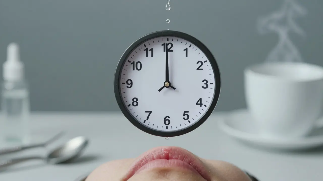 Plavající hodiny nad rty, kde kapky anestetika pomalu odpařují, symbolizující časový průběh účinku.