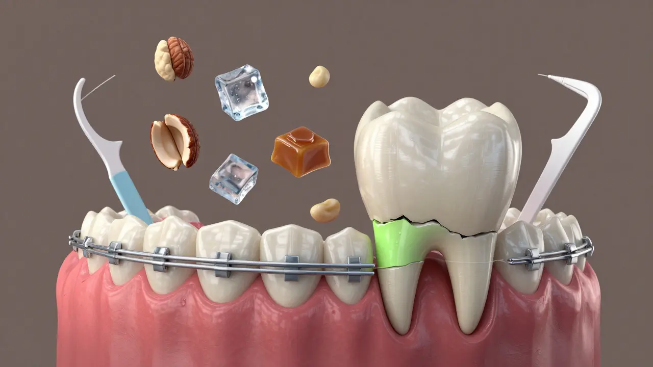 Porovnání poškozeného zubu s celistvým, kolem nich potraviny nebezpečné pro rovnátka a nástroje pro hygienu.