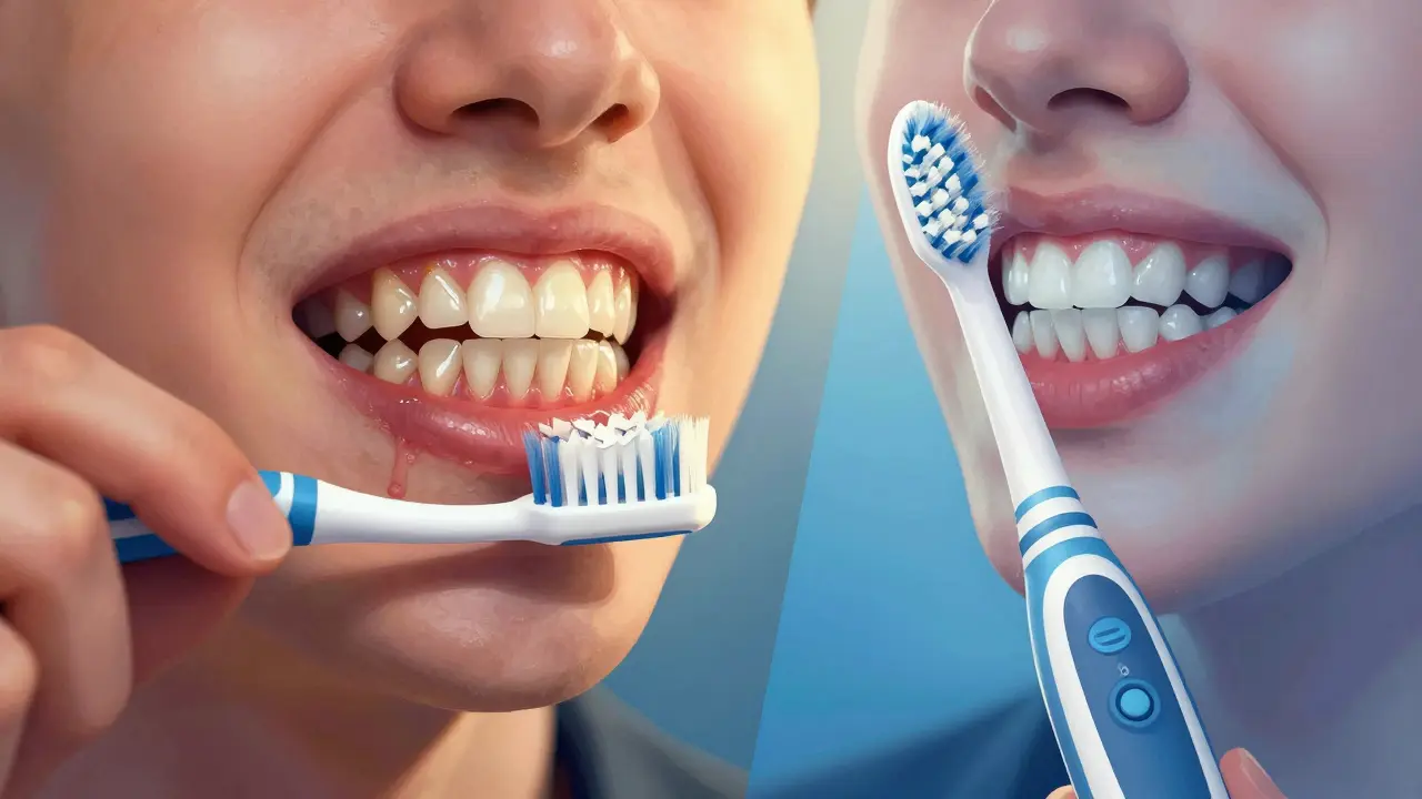 Porovnání ručního a sonického kartáčku: zdravé dásně proti krvácení a plaku.