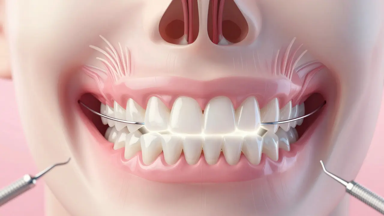 Přehled lidské čelisti s viditelnými silami působícími na zuby a reténorem jako ochranou.