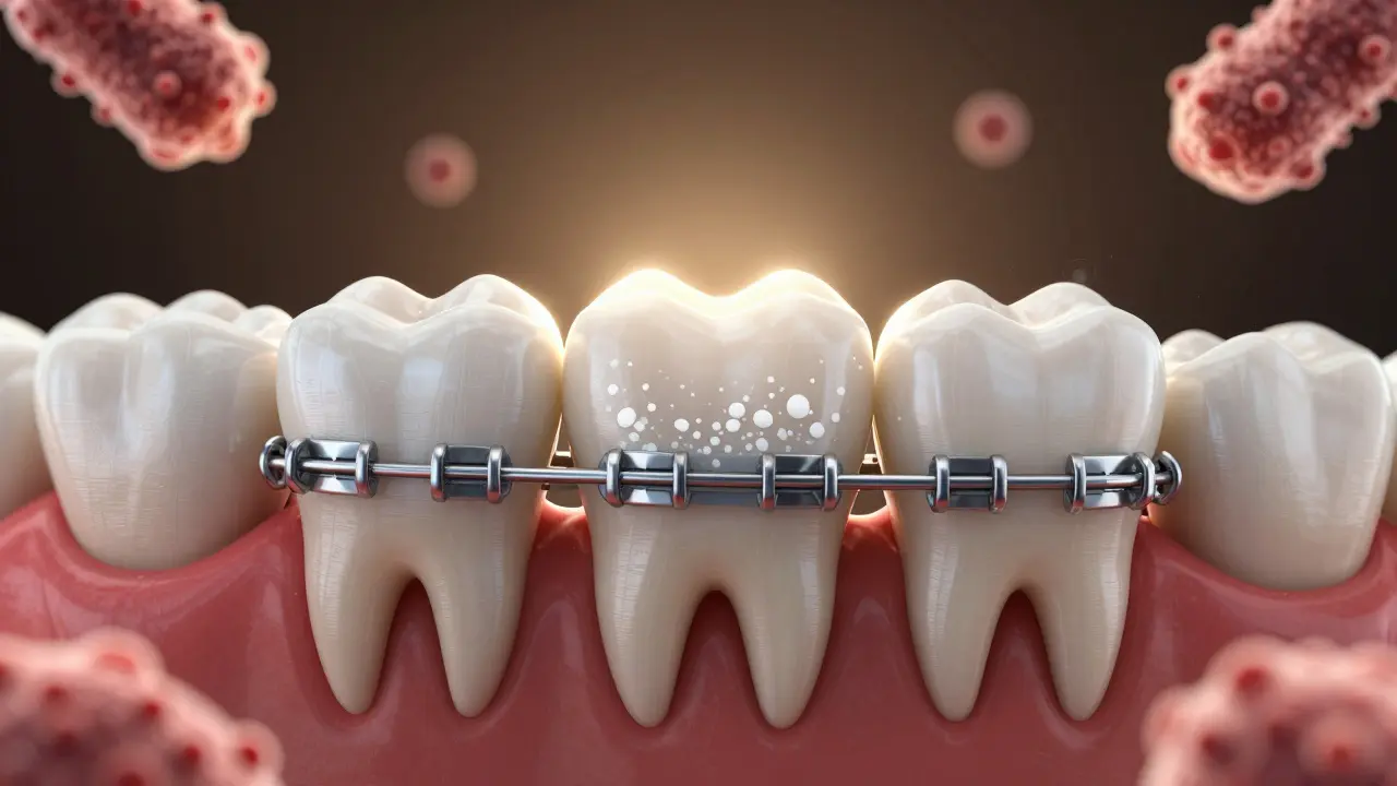 Přehled poškození skloviny pod braketkou a působení fluoridu na zub.