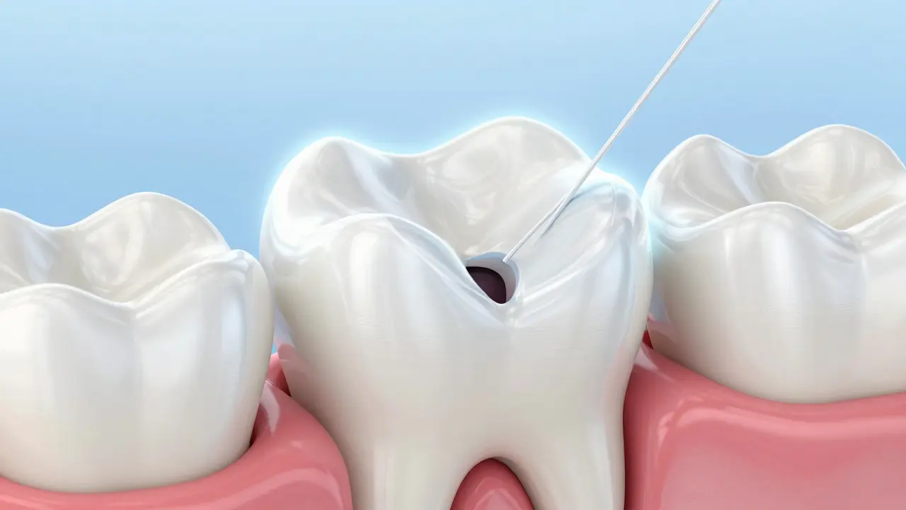 Přehledný řez zubem ukazující počáteční kaz a ochranný účinek fluoridu.