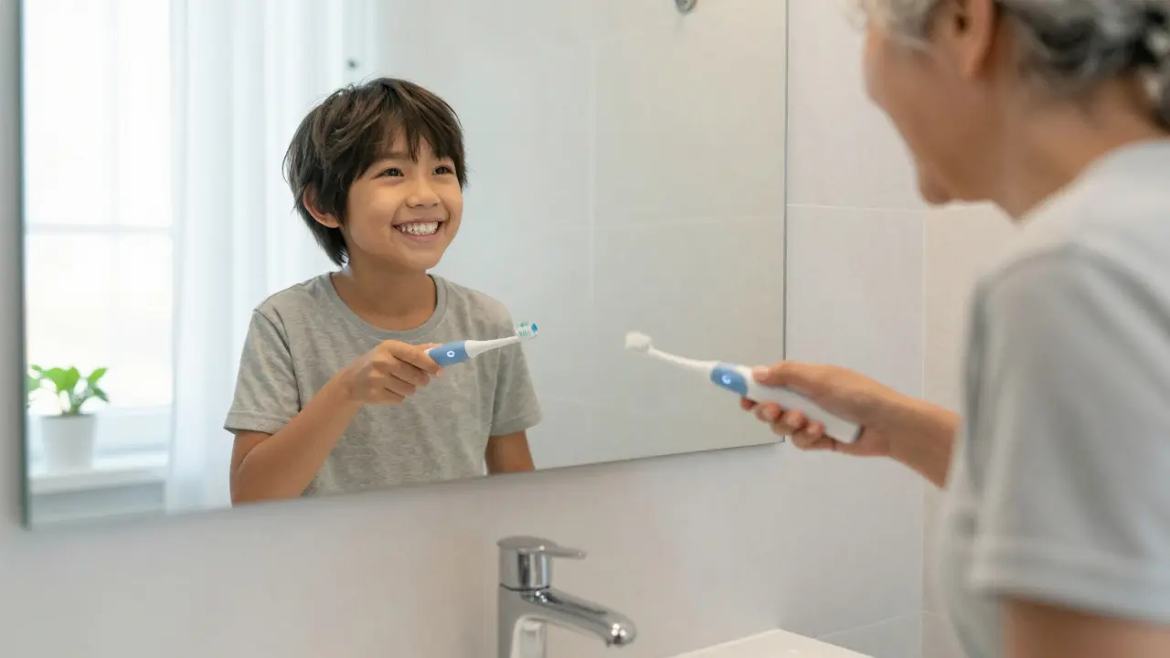 Rodina používá sonické kartáčky, všechny věkové skupiny mají zdravé zuby a dásně.