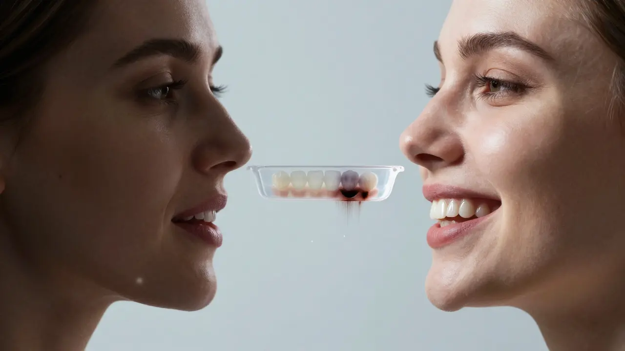 Rozdělený obličej: jedna strana se skrývá, druhá se usmívá, mezi nimi průhledná lišta na bělení.