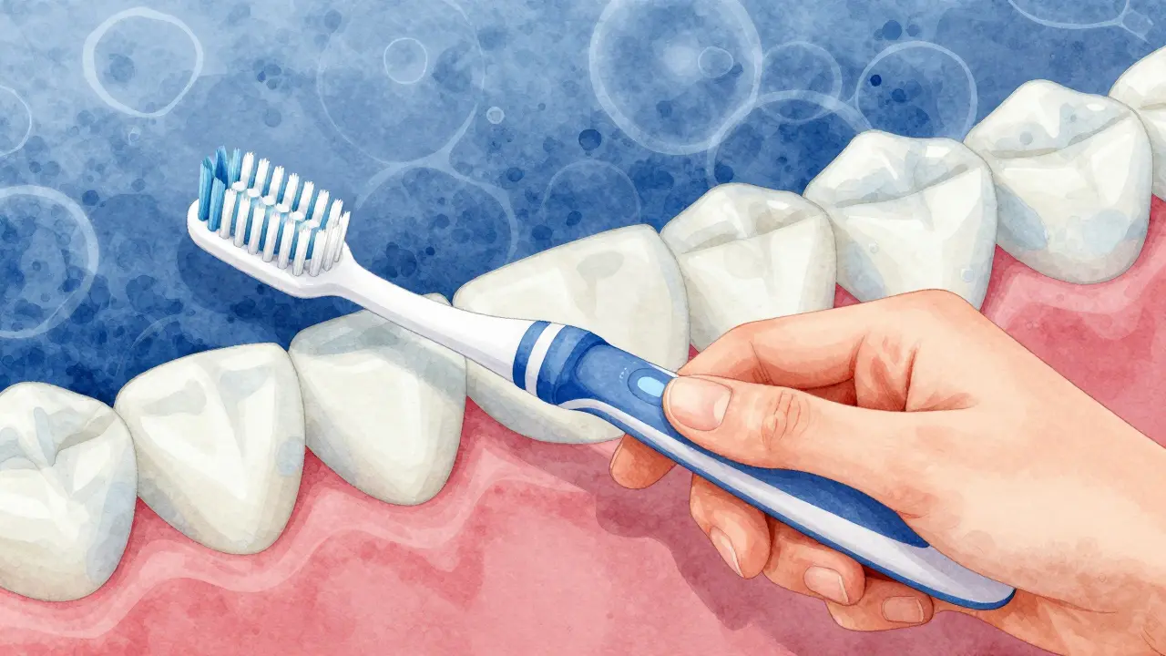 Rukojeť kartáčku Curaprox s elastickým obalem, který se mírně deformuje při jemném tlaku.