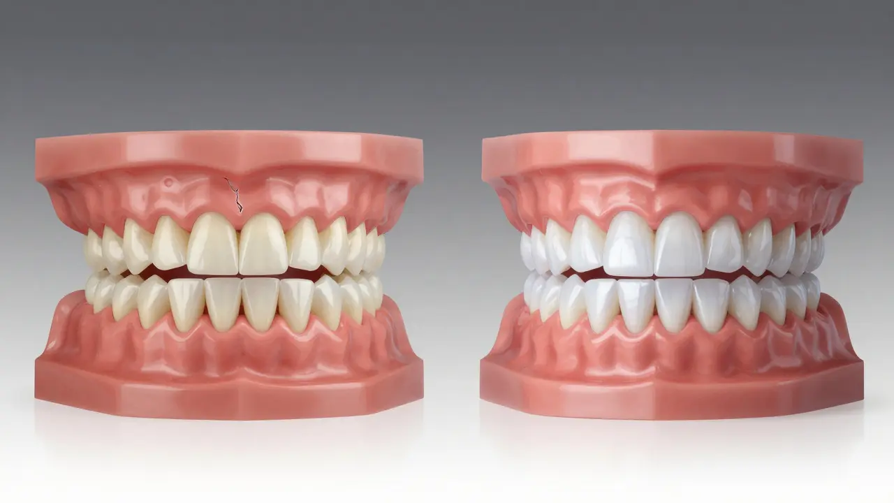 Side-by-side comparison of a damaged tooth and a restored veneer-covered tooth.