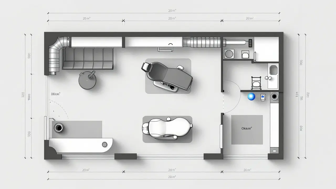 Technical layout plan of a dental office showing separate zones and compliance dimensions.