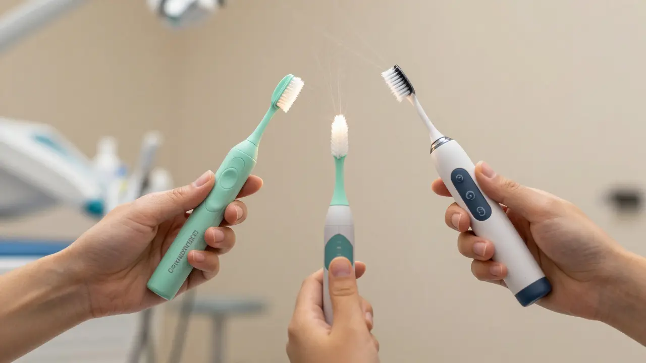 Three Curaprox toothbrushes for adults, children, and electric use arranged in a care-focused composition.