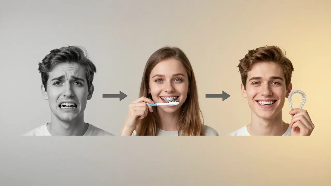 Transformace ústního útvaru: špatně zarovnané zuby → rovnátka → dokonalý úsměv s retérem.