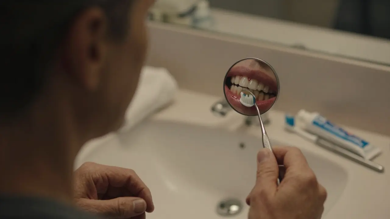 Večerní scéna s dentálním zrcátkem a zubní kartáčkem, viditelný nános zubního kamene na zubech.