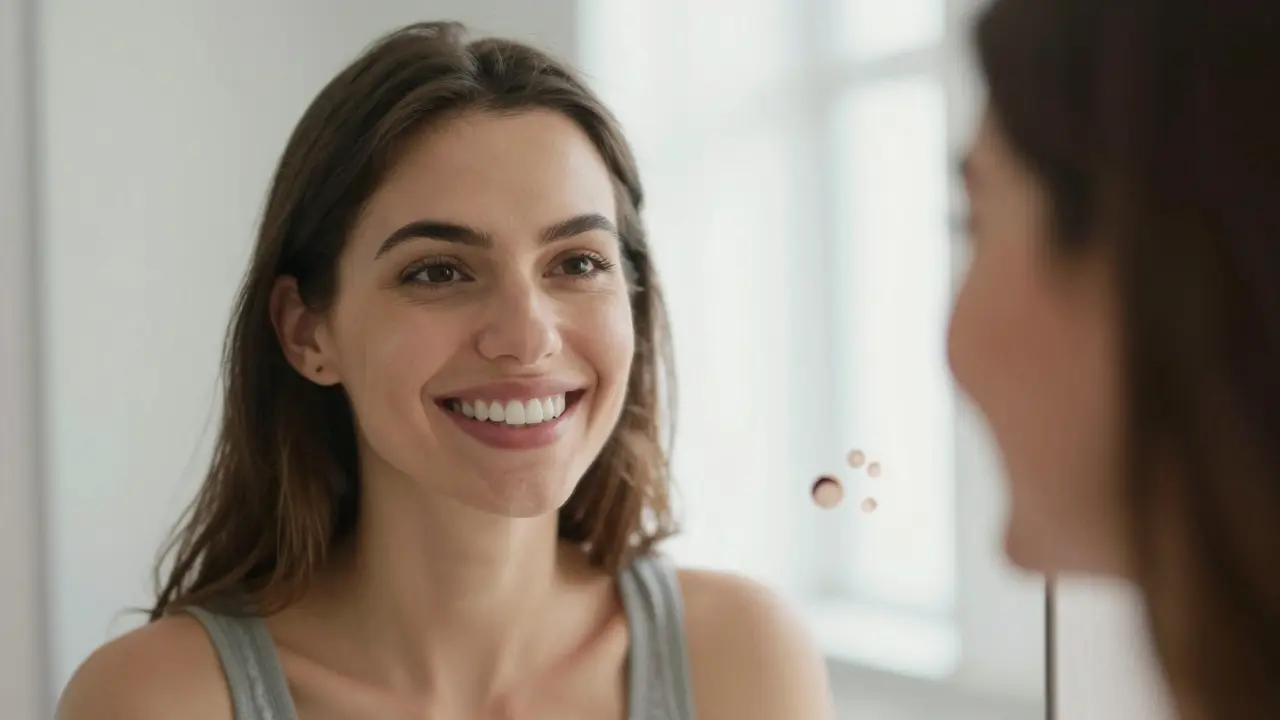 Woman smiling in mirror with radiant veneers, fading imperfections behind her.