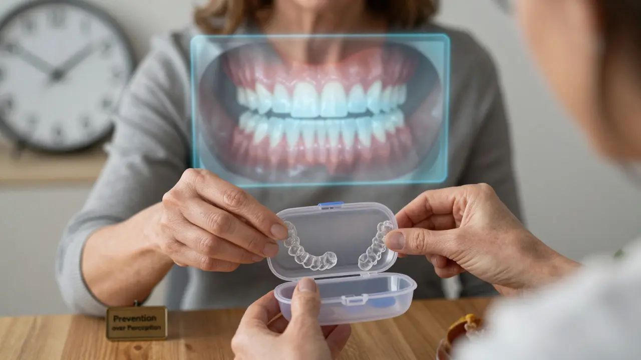 Žena v 50 letech ukládá rovnátka do obalu, s digitálním náhledem jejich vlivu na zuby.