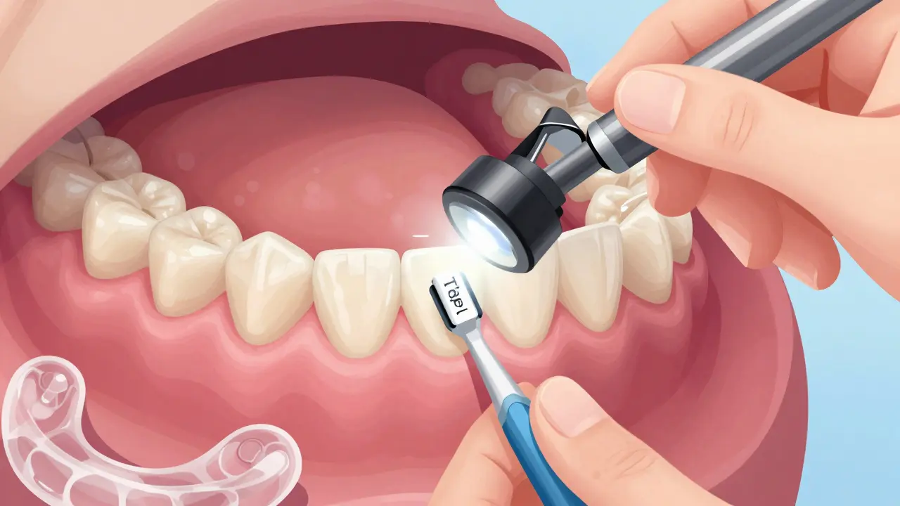 Zubní lékař prohlíží fazety pomocí zvětšovacího skla a světla, na pozadí mezizubní kartáček.