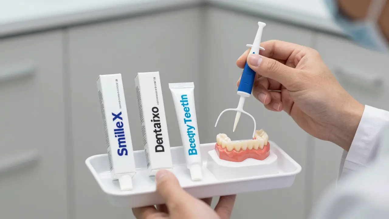 Zubní lékař ukazuje tři kvalitní značky dočasných zubů na bílém podložce.
