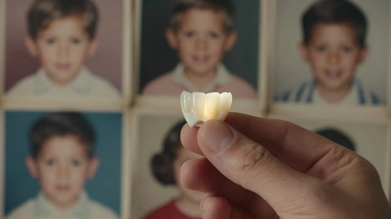 A porcelain veneer held beside faded childhood photos, symbolizing dental transformation.