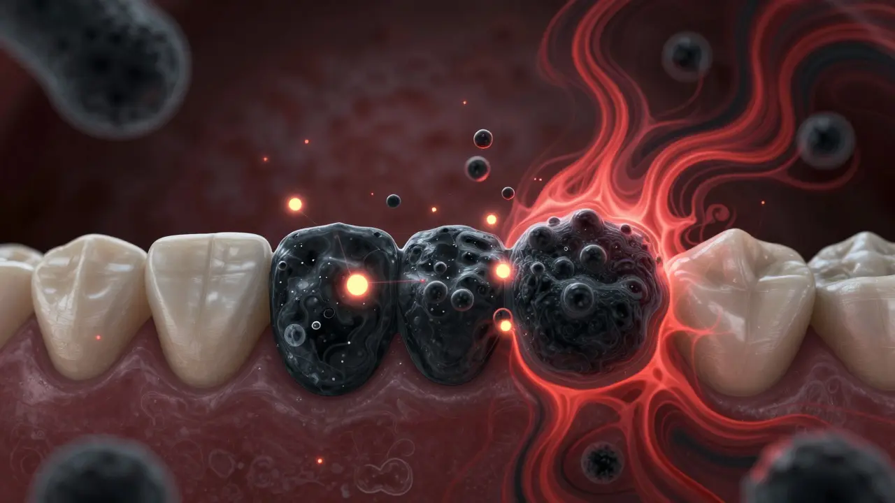 Abstraktní znázornění bakterií a chemické reakce vytvářející černý zubní kámen.