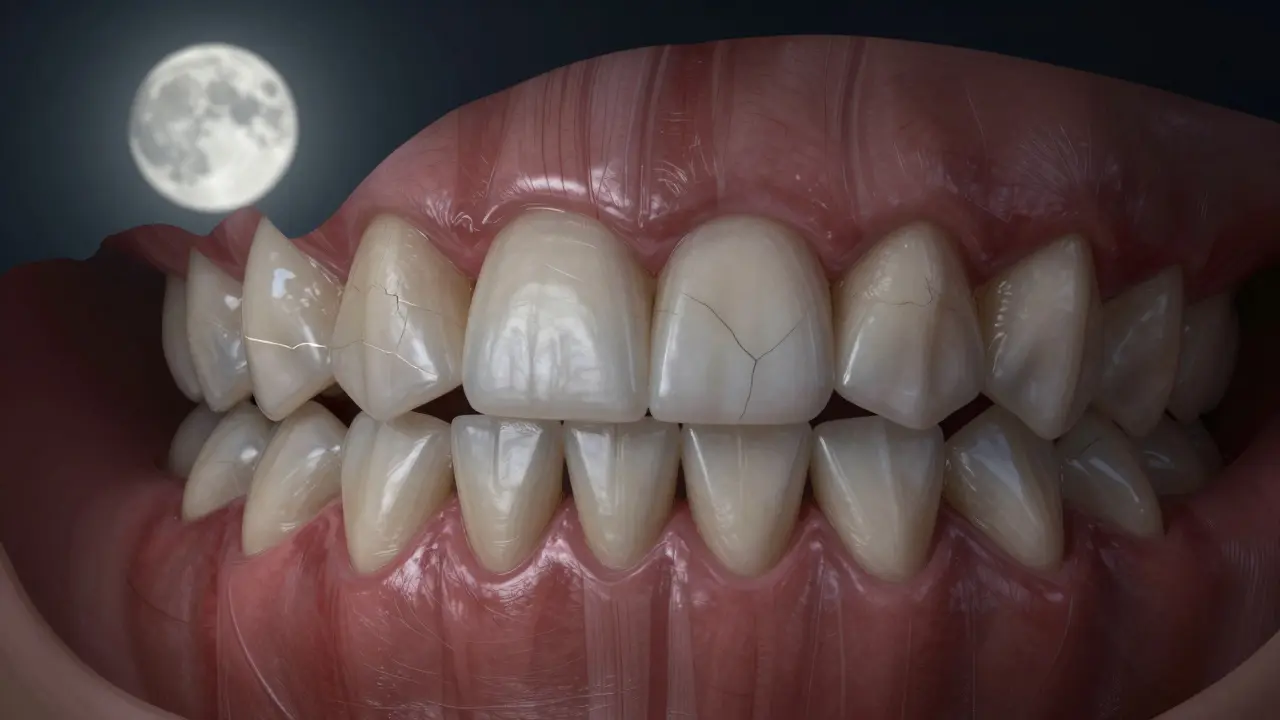 Broušení zubů během spánku poškozuje korunku s prasklinami.