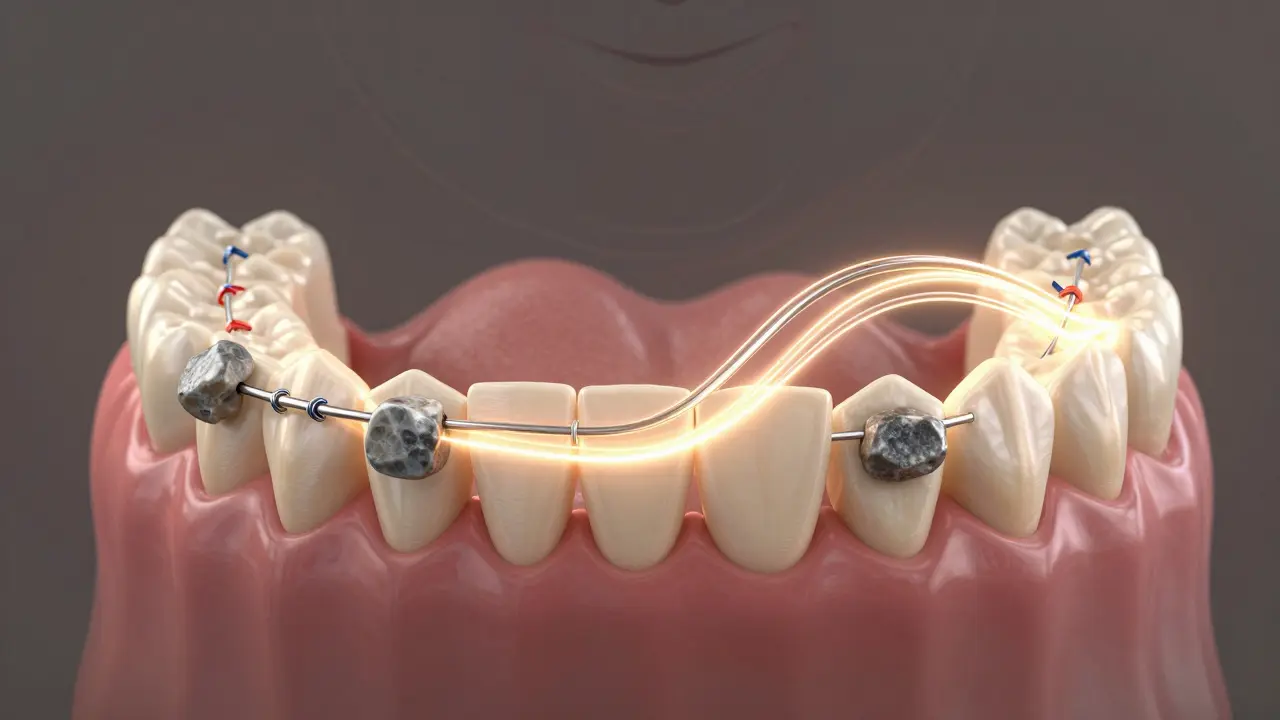 Dental archwire jako proud energie přes formující se zuby