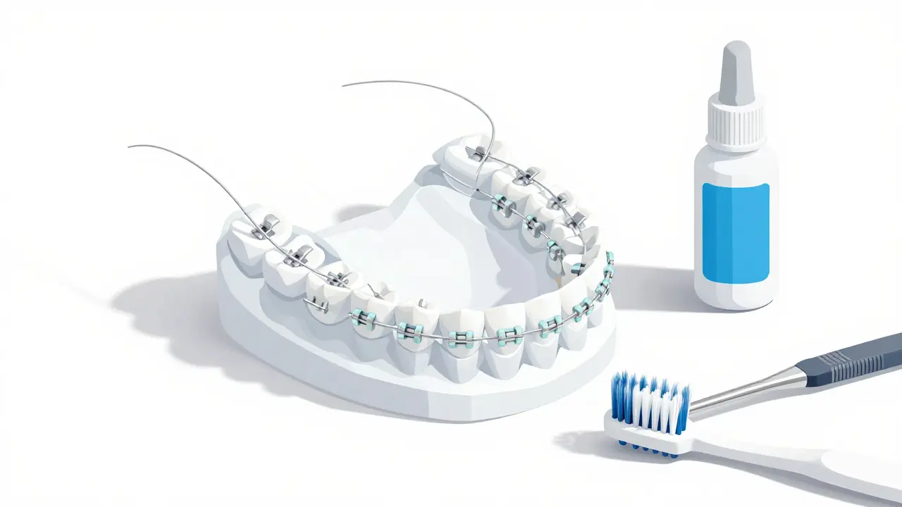 Detailní zobrazení moderních ortodontických nástrojů: pružné dráty, kartáček a fluoridový gél.